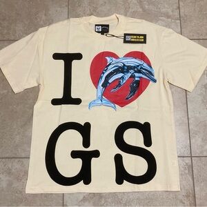 Cream Graphic Tee with Heart and Dolphin Design
